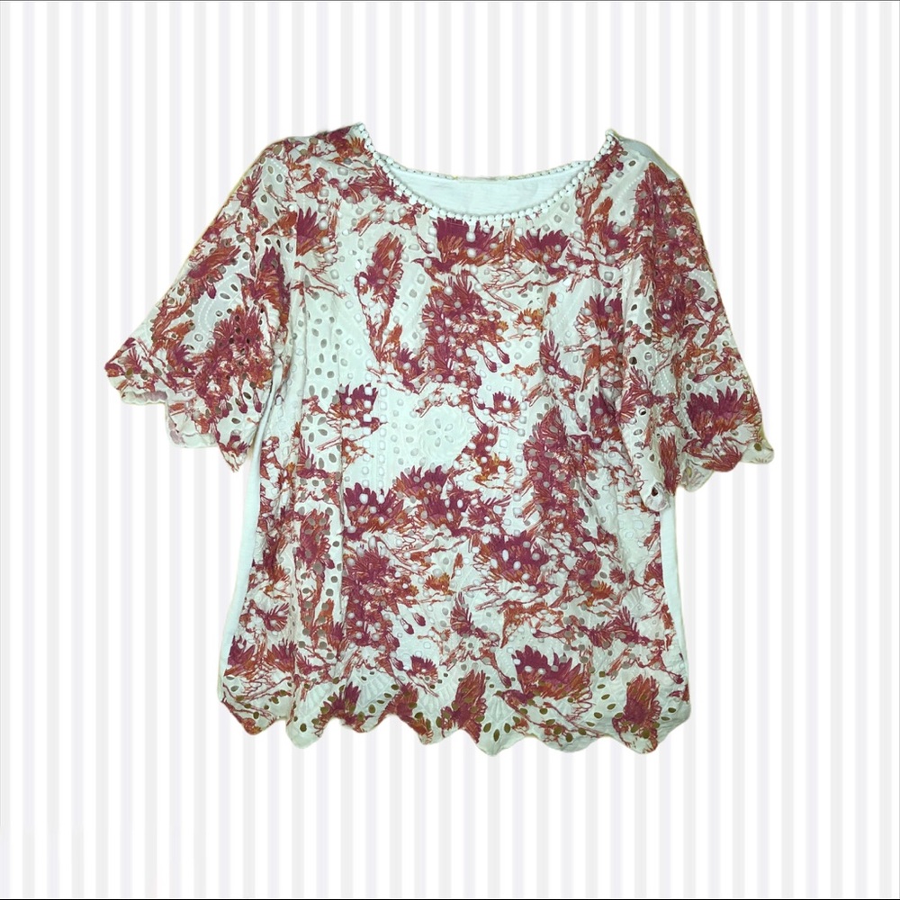 3/$30 PORRIDGE White and Red Floral Pattern Blouse